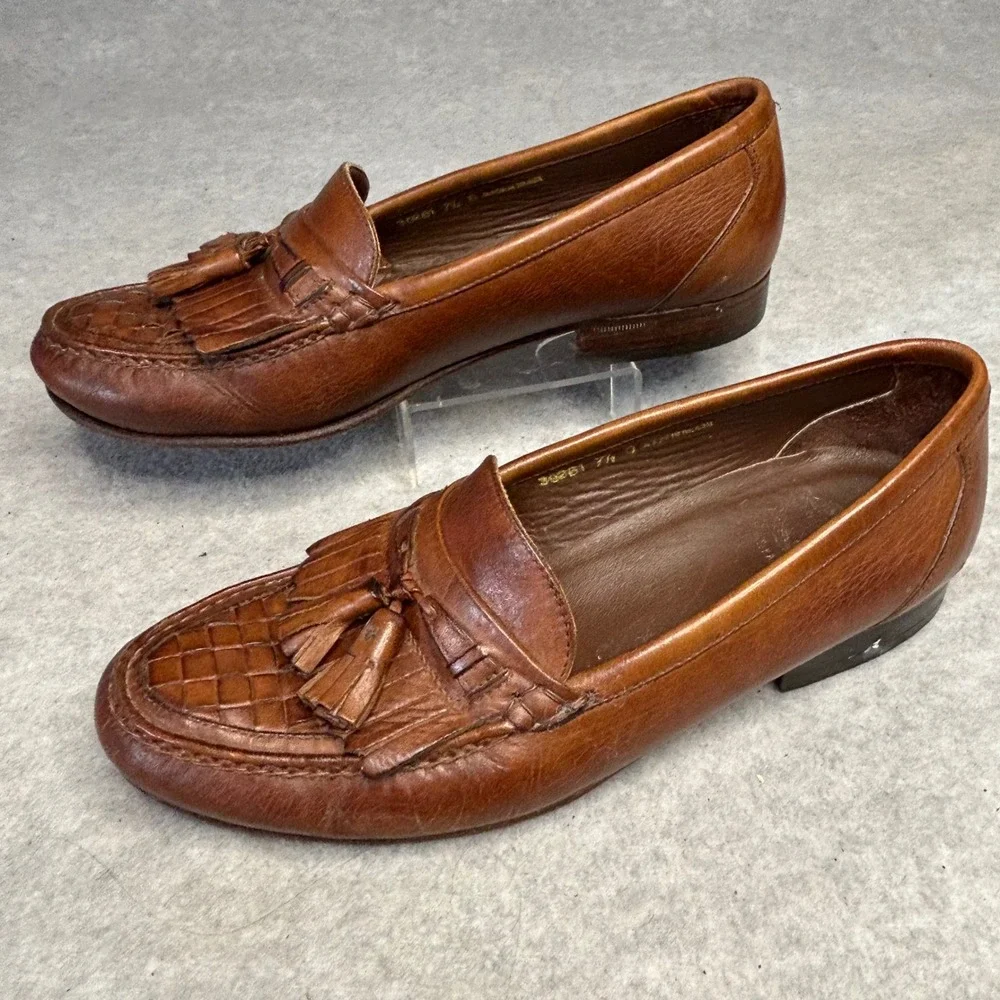 Florsheim Mens Brown Leather Tassel Weave Loafer Shoes 7.5 D Heritage Preppy 90s